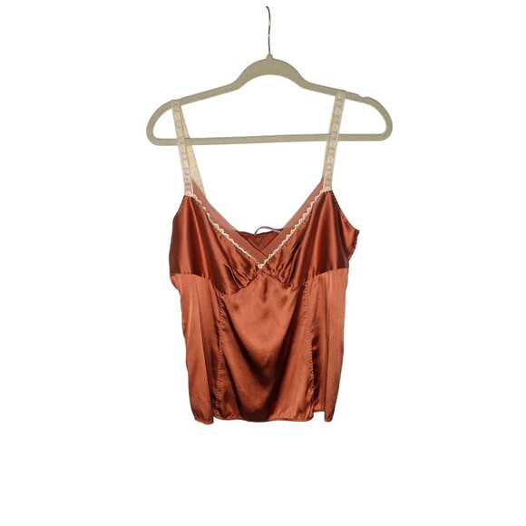 Elie Tahari Silk Babydoll Camisole Tank Sz  L Rust Burnt Orange Y2K Fall Lace - Picture 1 of 8